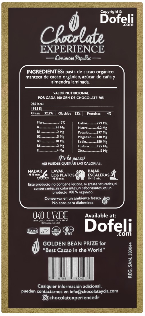 This 70% cacao bar from the Dominican Republic by Chocolate Experience blends organic chocolate and almonds with no artificial ingredients.